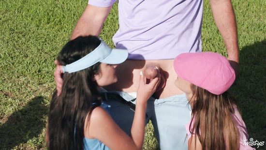 Chicks fuck with their coach on the tennis court